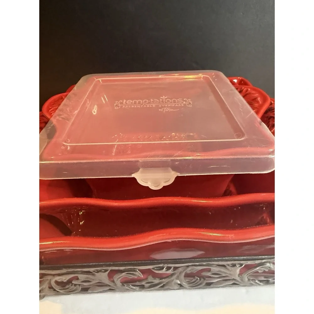 Temp-tations Verona Red Nested Bakers 1Qt, 1.5Qt, 2.5 Qt, Stand, Lid, Trivet Set